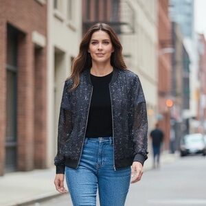 Black Sheer Celestial Women’s l Bomber Jacket, Size L